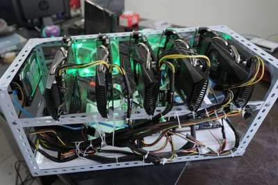 A close-up image of a mining rig, showcasing the GPUs or ASICs that perform the complex calculations required for cryptocurrency mining.